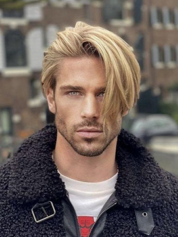 Sleek fade haircut men with long straight hair side swept fringe clean fade sharp modern look