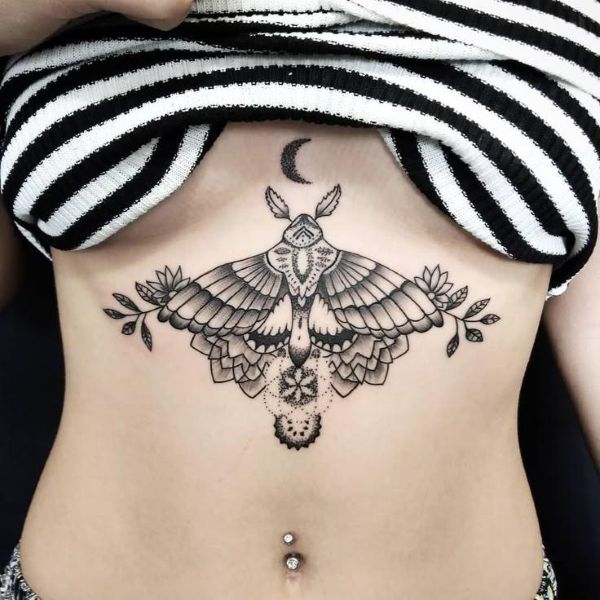 Moth Underboob Tattoo with Moon