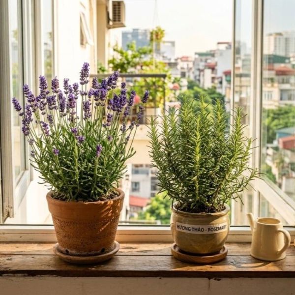 Lavender and rosemary growing in terracotta pots on a sunny apartment windowsill overlooking the city - Tee Art Online @teeartonline