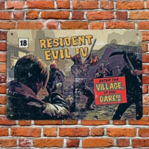 Resident Evil 4 retro comic metal sign featuring Leon Kennedy in the village horror scene wall decor.