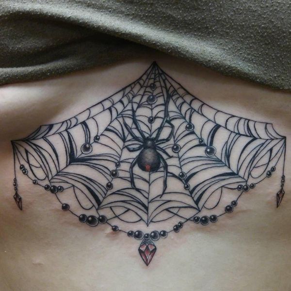 Gothic spiderweb underboob tattoo with black widow spider and ornamental details - Tee Art Online