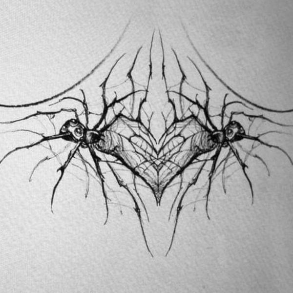Abstract spiderweb underboob tattoo with dark web lines and spider details - teeartonline