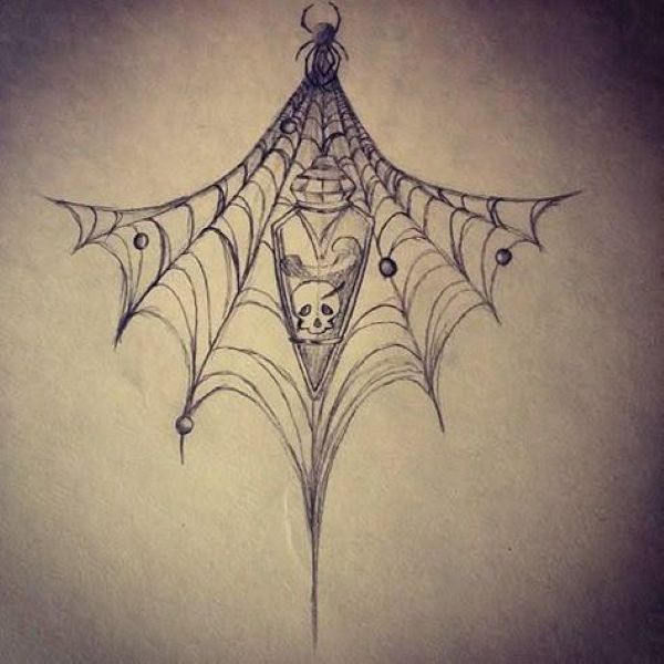Gothic spiderweb underboob tattoo with hanging potion bottle and spider detail