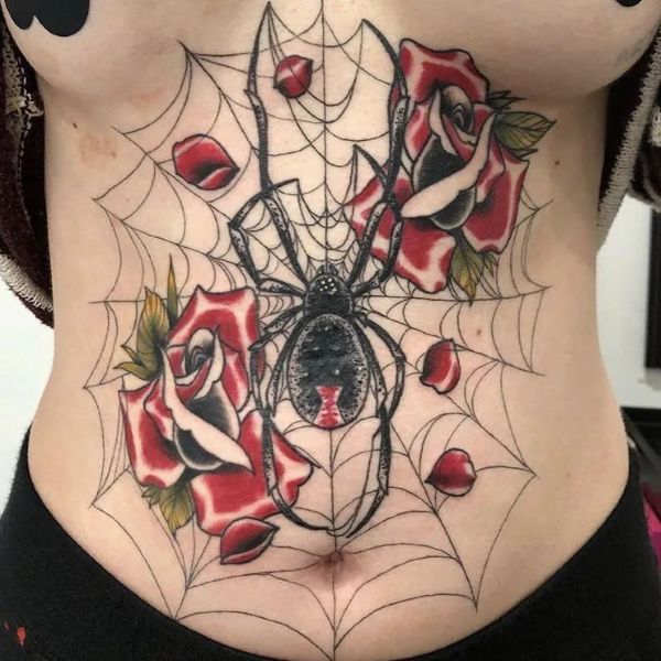 Rose and spiderweb underboob tattoo with large spider and red floral details - teeartonline