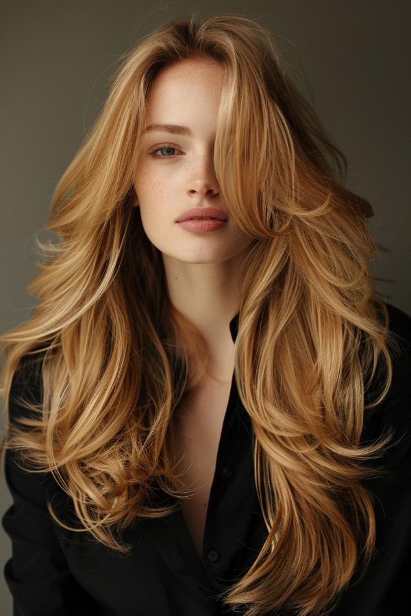 Long golden waves with airy layers and soft romantic movement