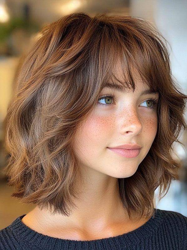 Easy Fairy Hairstyles with a soft brown shag bob and airy feathered waves
