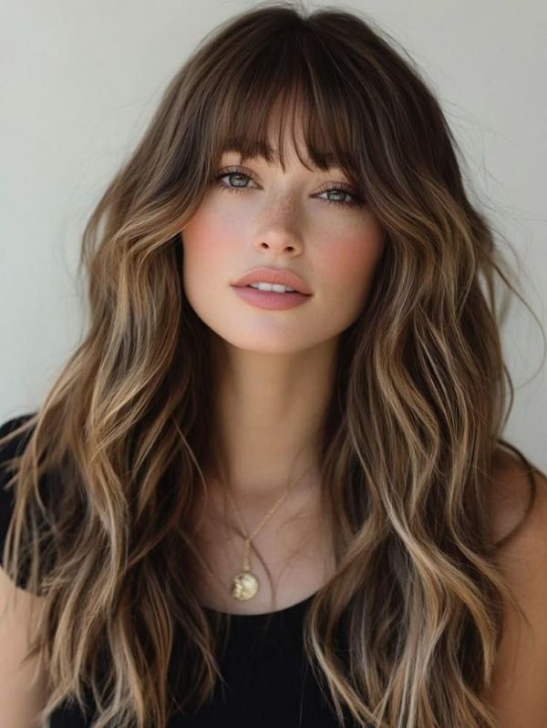 Long flowing waves with airy bangs and soft dimensional texture