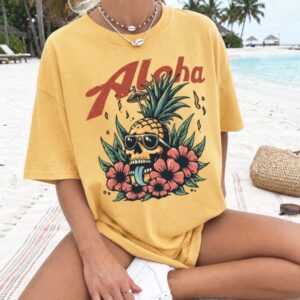 Pineapple Aloha T-Shirt Retro Hawaiian Summer Vibes - Mustard - Tee Art Online @teeartonline